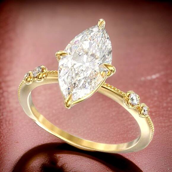 New Size 7 Cubic Zirconia‎ Marquise Solitaire Pronged Gold Ring Cocktail Wedding - Picture 2 of 4